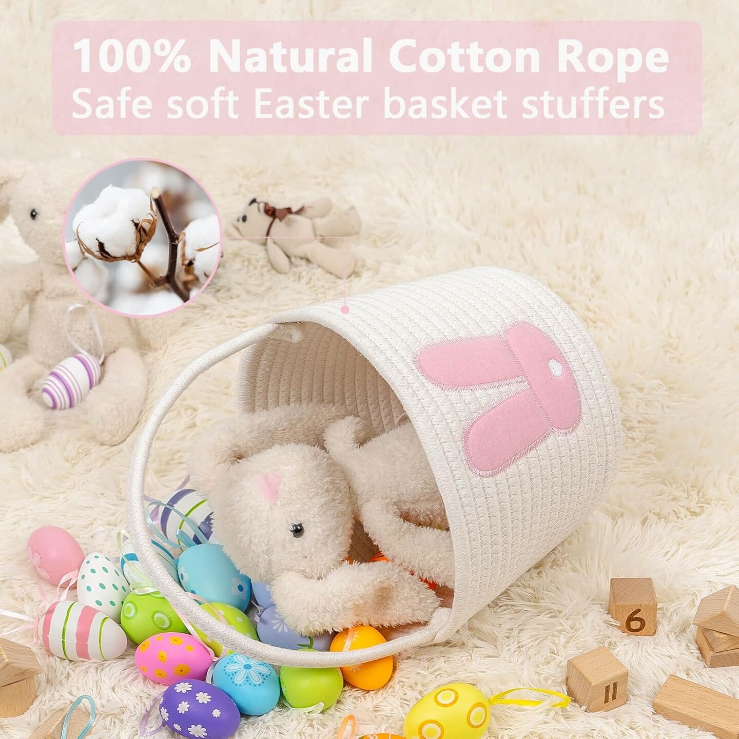 Easter Bunny Basket Set for Kids, Babies, 2-Piece Easter Egg Hunt Baskets for Girls, Boys, Soft &#x26; Durable Cotton Rope Empty Gift Basket, Festive Decor &#x26; Gift Ideas, Large