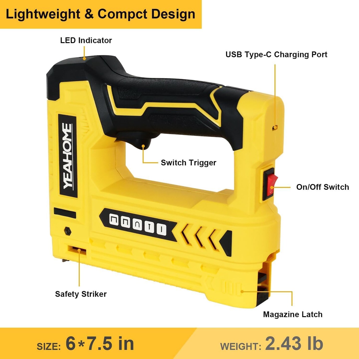 Electric Staple Gun, 5 in 1 Cordless Staple Gun for Upholstery with 1200 5/16&#x22; Staples, 600 1/2&#x22; U-Shape Staples, 600 19/32&#x201D; pin Nails, 60019/32&#x201D; Nails and 1 USB Charger Cable