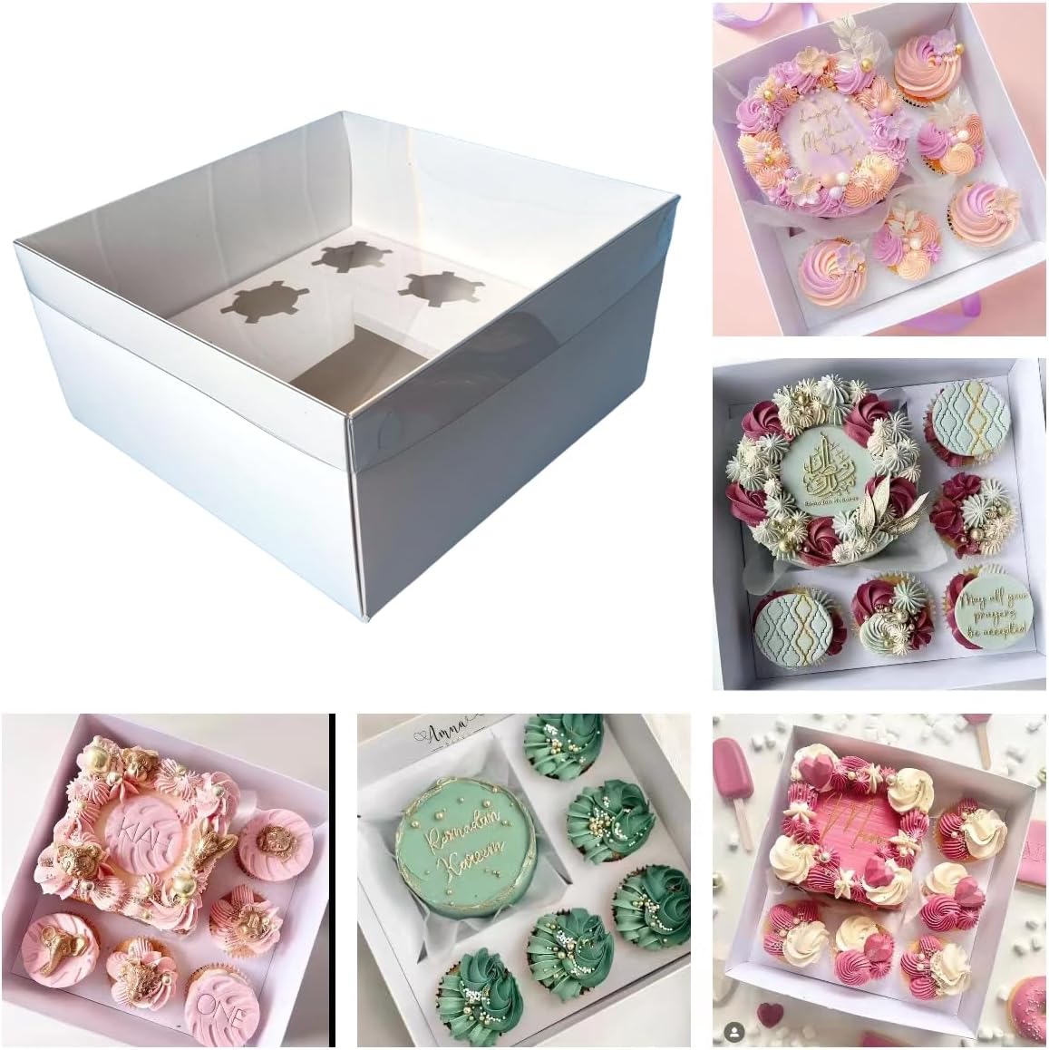 Bento Cake & Cupcake Box Set – Clear Cover, 4-inch Cake + 5 Cupcakes, 5-Pack