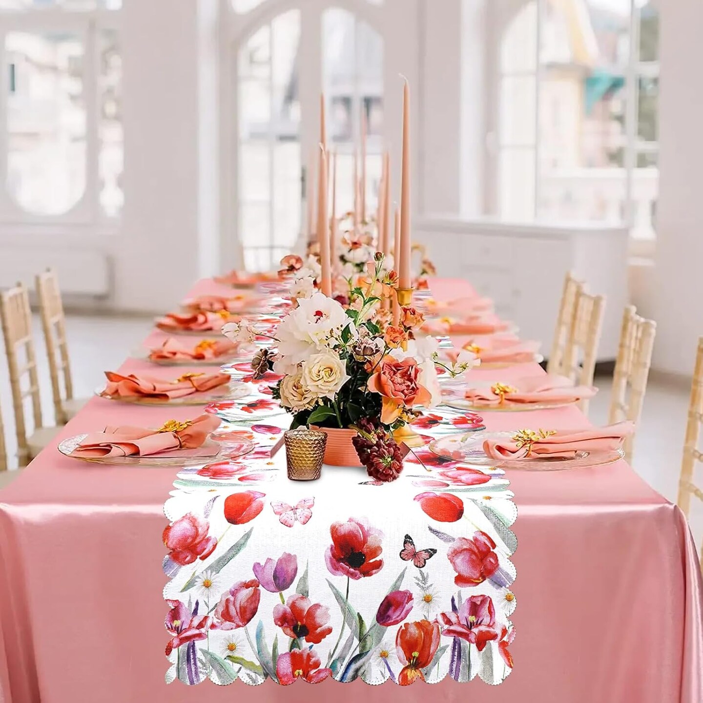 Spring Floral Table Runner with Red Tulip and Butterfly Design &#x2013; Elegant Spring and Summer Table D&#xE9;cor, Scalloped Edges for Dining and Coffee Table Centerpiece Decoration &#x2013; 72 Inches Long