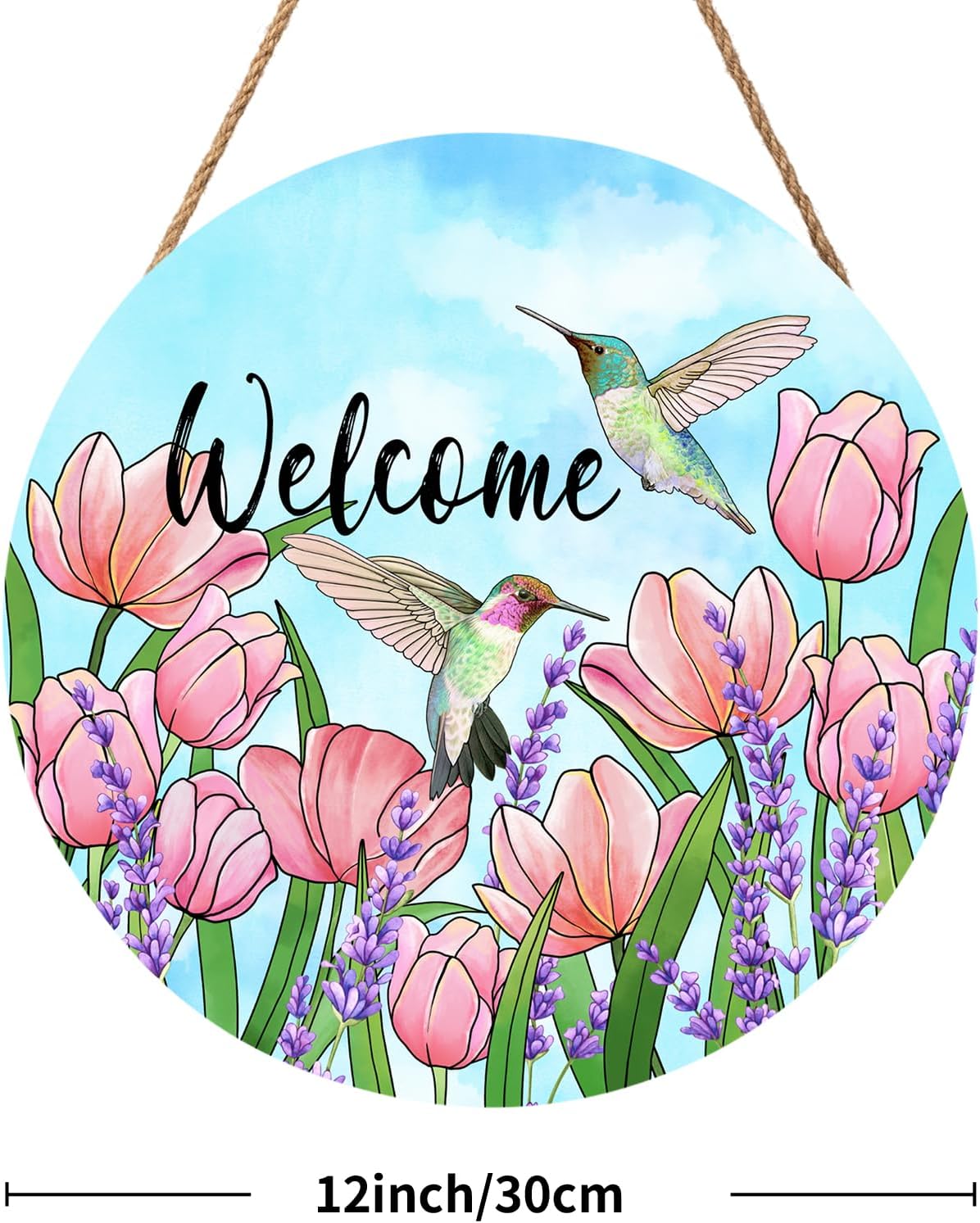 Welcome Spring Hummingbirds Sign for Front Door Decor Spring Floral Wood Door Hanger Sign Spring Summer Decorations Seasonal Farmhouse Wreath Wall Hanging Sign for Home Outdoor Outside Porch 12&#x201D;x12&#x201D;