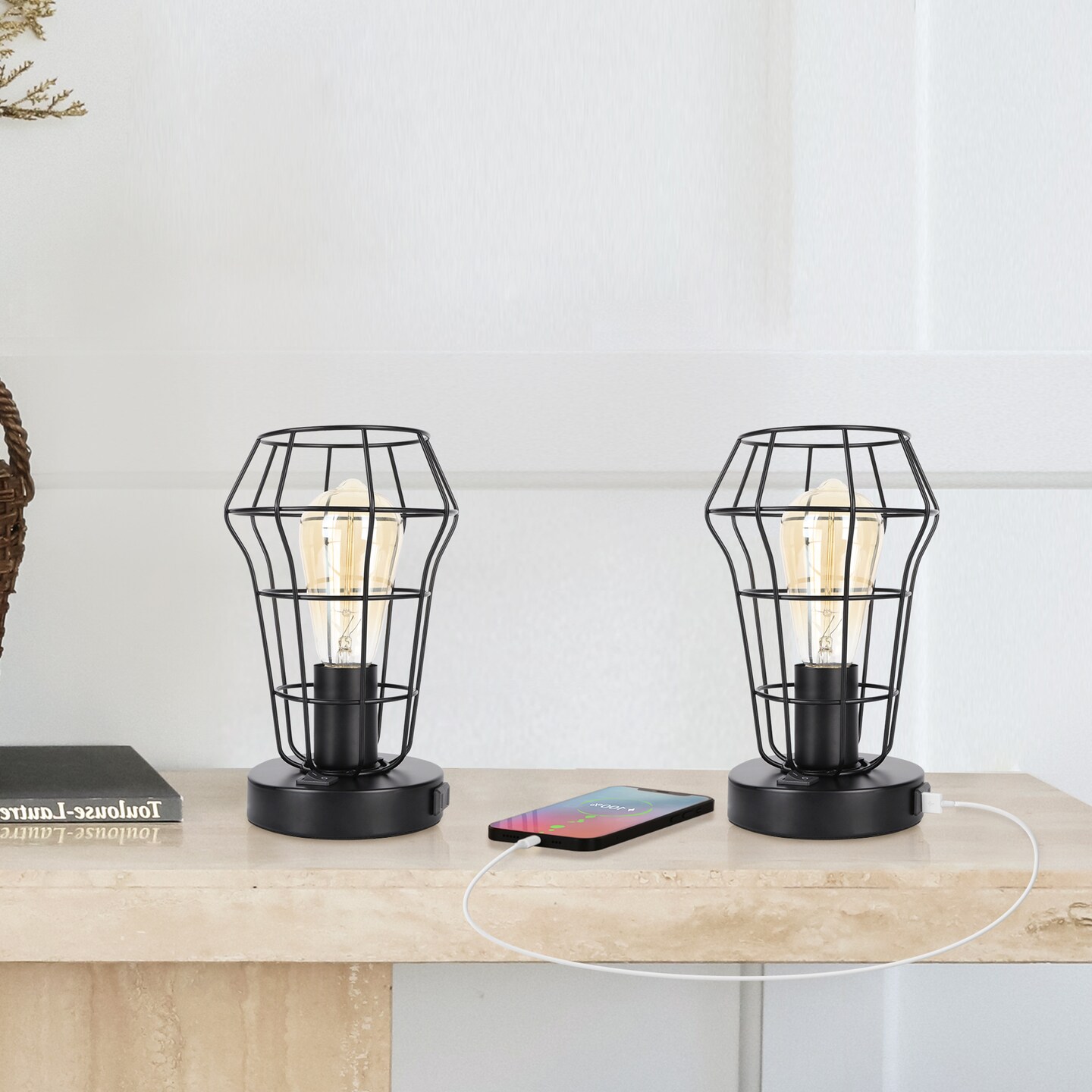 2PCS Industrial Cage Desk Lamps Vintage Table Lamps with Dual USB Ports &#x26; AC Outlet, UL-Certified Steampunk Bedside Lights for Office, Bedroom, or Gift