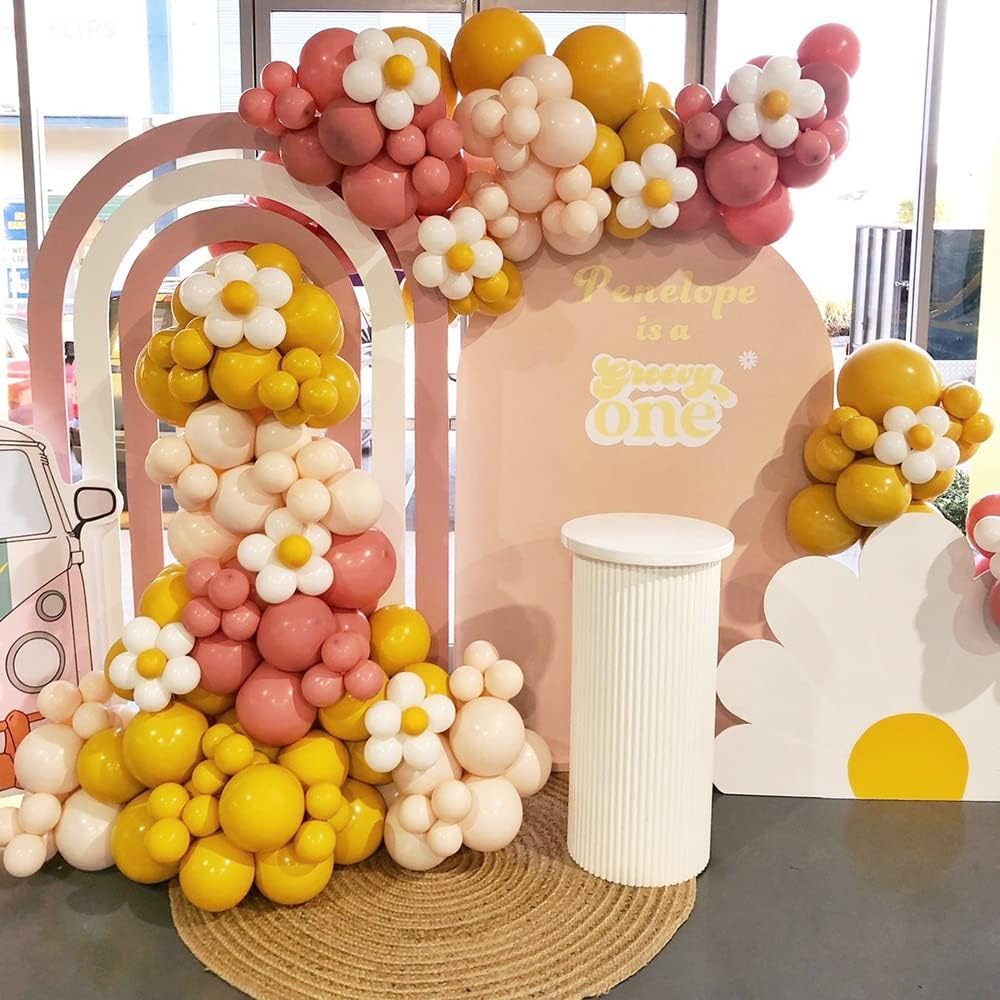 Groovy Daisy Balloon Garland Arch Kit 143pcs for Floral Mother&#x27;s day Best Mom Ever Boho Retro Spring Floral Girls One Two Birthday Baby Shower Party Decorations