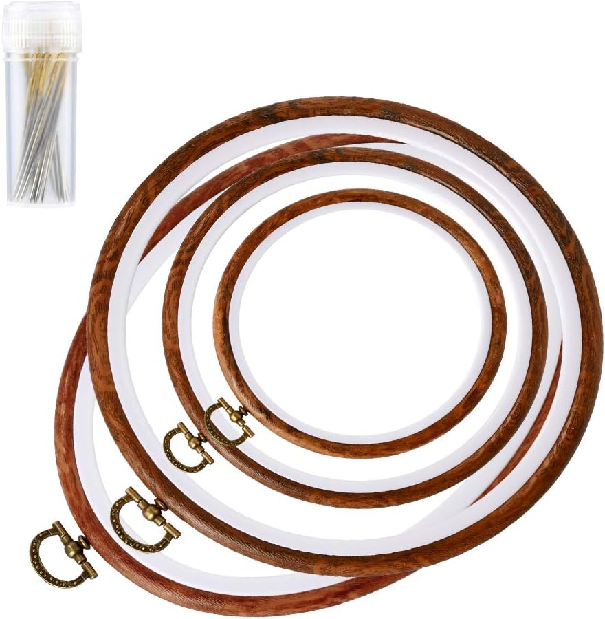 4 Pack Embroidery Hoop Ring, Imitated Wood Display Frame Circle and Oval Embroidery Kits with 30 Pieces Large Eye Embroidery Needles, Quilting Hoop and Cross Stitch Supplies for Sewing and Wall Hang