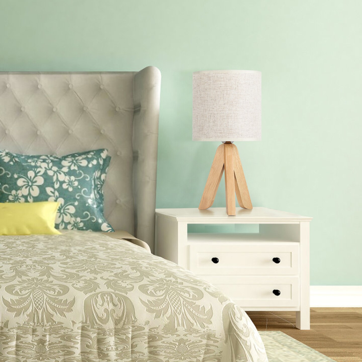 Small Bedside Table Lamp Wooden Tripod Nightstand Lamp with Fabric Linen Shade