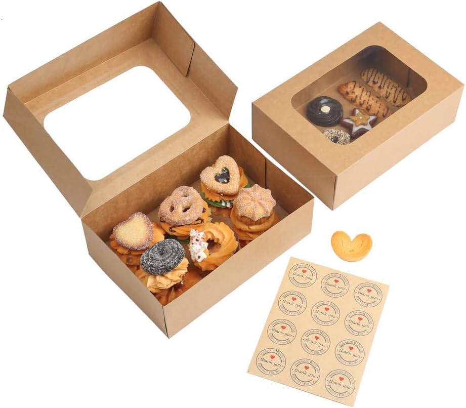 24 Pcs Cookie Boxes with Window for Paper Gift Giving Brown Bakery Cupcake Boxes 9" x 6.3" x 3" for Packaging Easy Estate Holiday Pastry Dessert Boxes for Pastries,Cookies, Donuts.