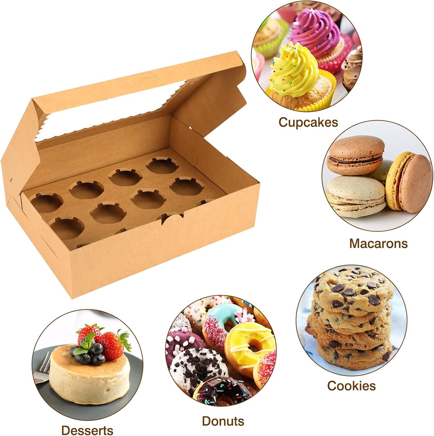 34-Pc Kraft Cupcake Boxes – 12-Count, Brown with Window & Inserts, 13x10x3.5in