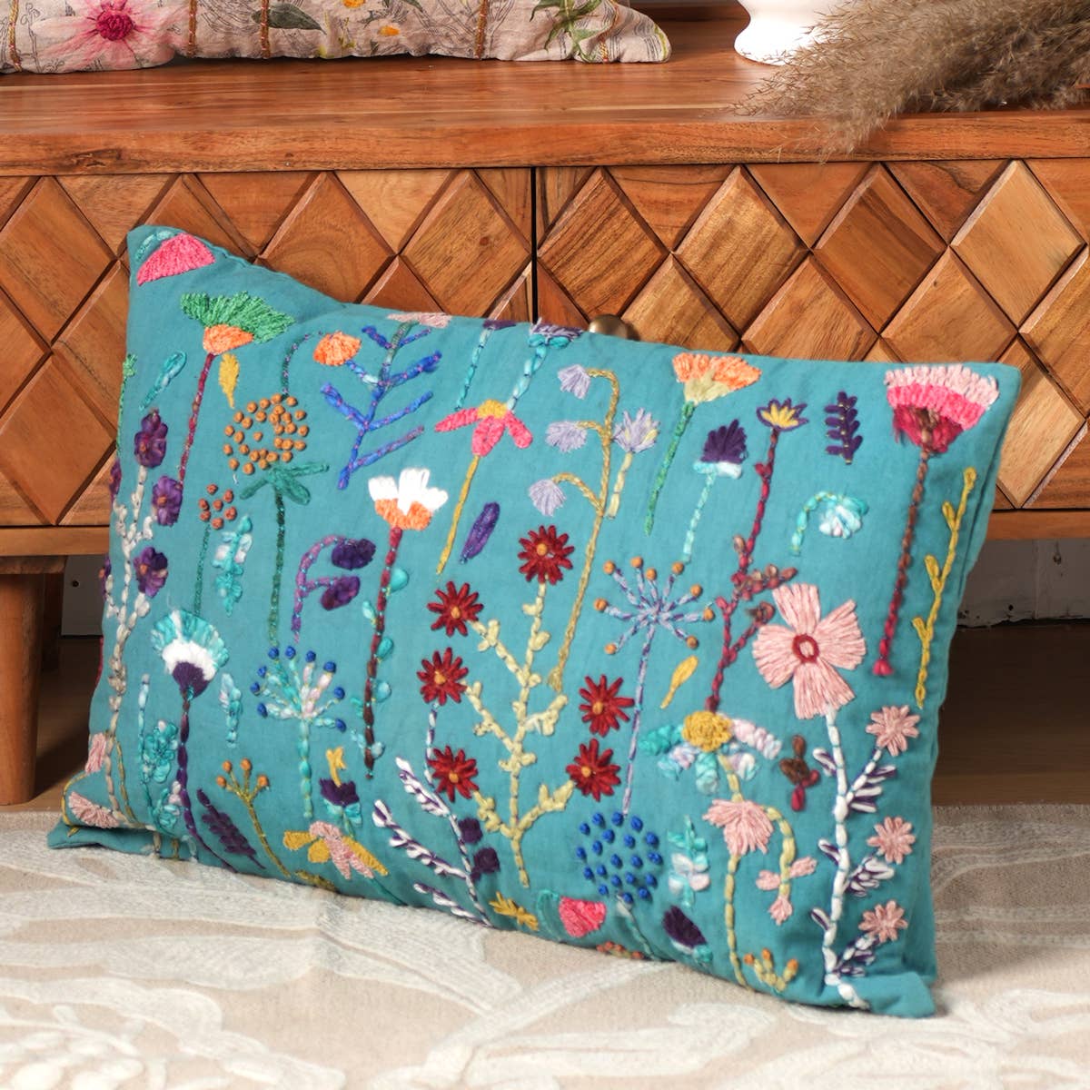 Cotton Embroidered Lumbar Pillow with Filler &#x2013; 16&#x22; x 24&#x22;