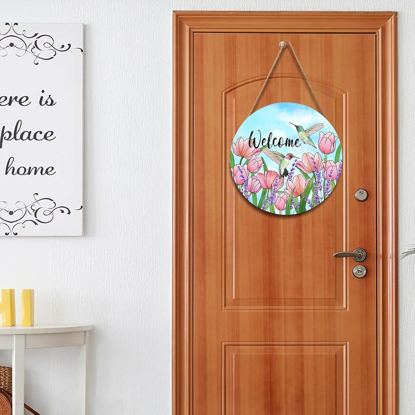 Welcome Spring Hummingbirds Sign for Front Door Decor Spring Floral Wood Door Hanger Sign Spring Summer Decorations Seasonal Farmhouse Wreath Wall Hanging Sign for Home Outdoor Outside Porch 12&#x201D;x12&#x201D;