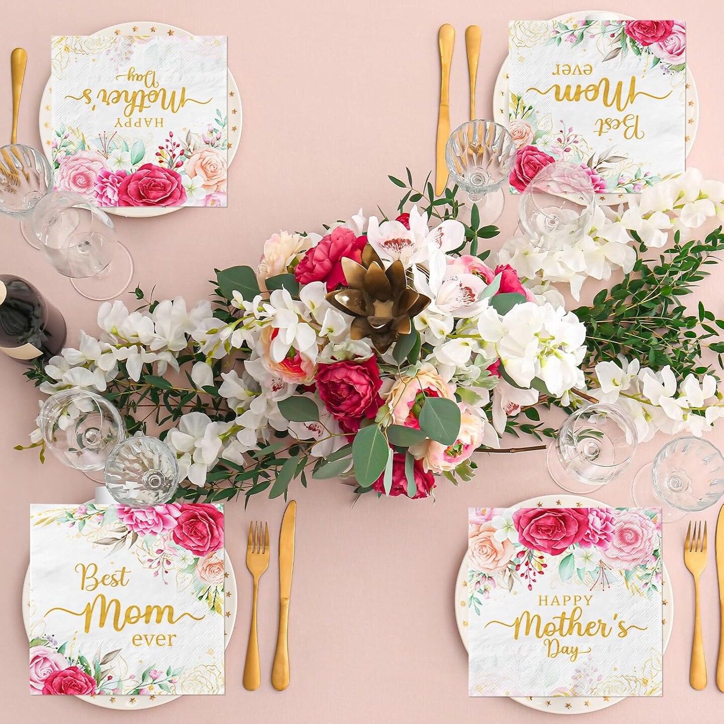 Mothers Day Pink Floral Paper Napkins for Best Mom Ever