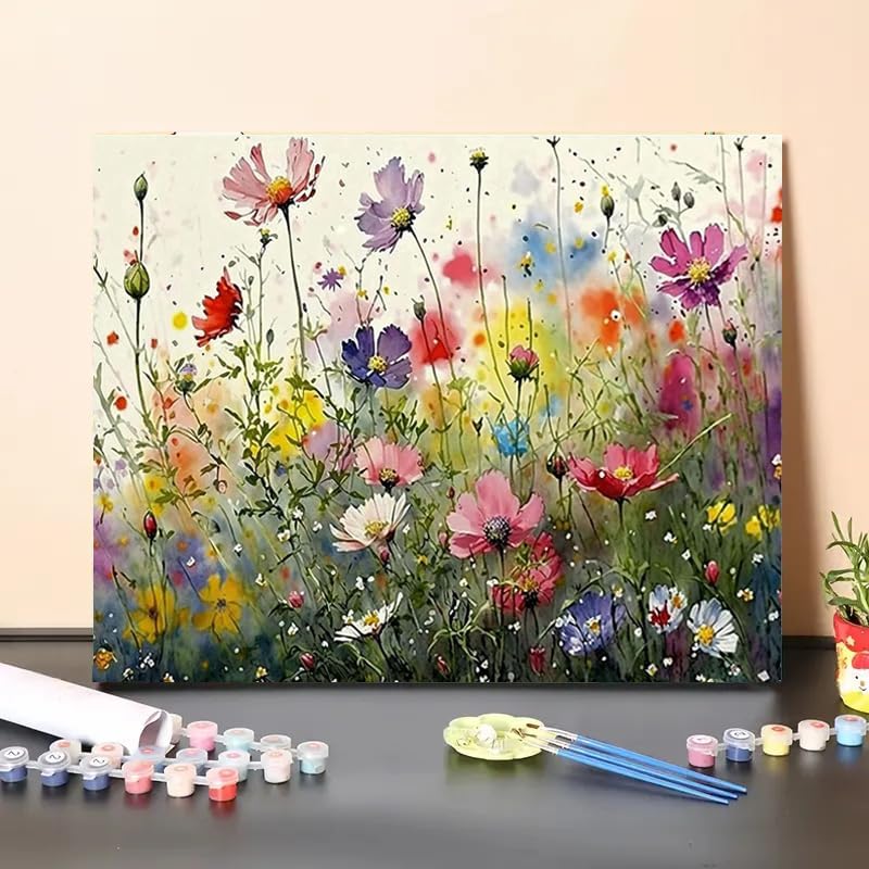 Paint by Numbers Kit for Adults Beginners 8Wx12L inch Canvas Pictures with Framed Drawing Painting Works with Wooden Triangle Easel Acrylic Pigment Flower