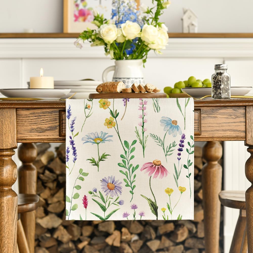 Wildflowers Floral Eucalyptus Spring Table Runner, Seasonal Summer Kitchen Dining Table Decoration for Home Party Decor 13x72 Inch