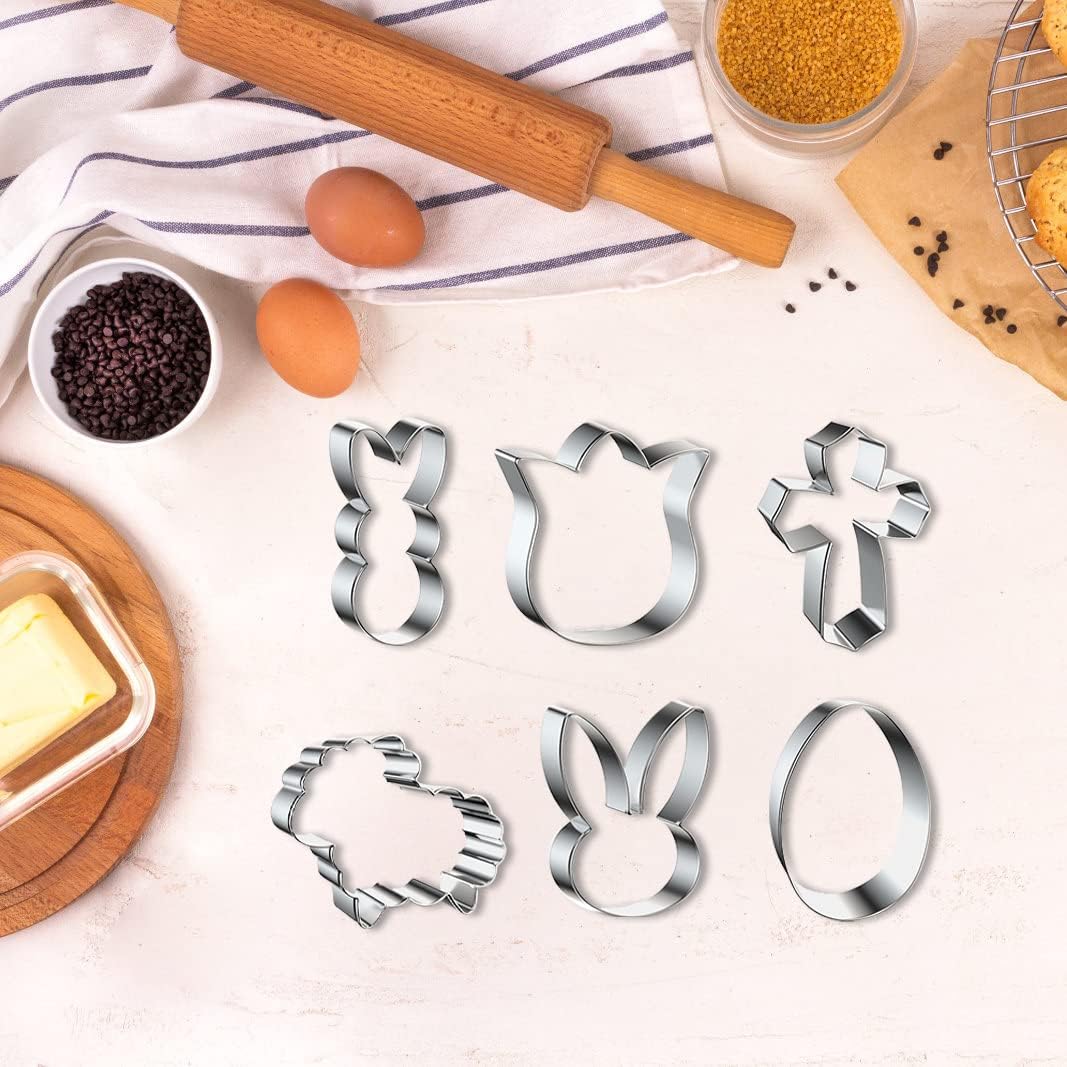6 Pieces Easter Metal Cookie Cutters Set For Kitchen Baking, Easter Egg Rabbit Cross Cookie Mold Stainless Steel For Easter Day Holiday Party Baking Gift Small Biscuit Cutters