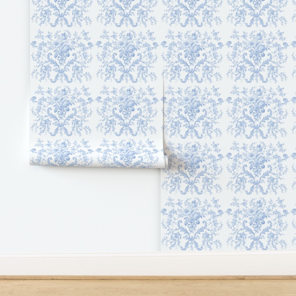 Grandmillennial Cottagecore French Countryside Blue And White Floral Roses Garden Rococo Traditional Classic Flowers Antique Custom Pre-pasted Wallpaper by Spoonflower Pre-Pasted Wallpaper 2FT Wide