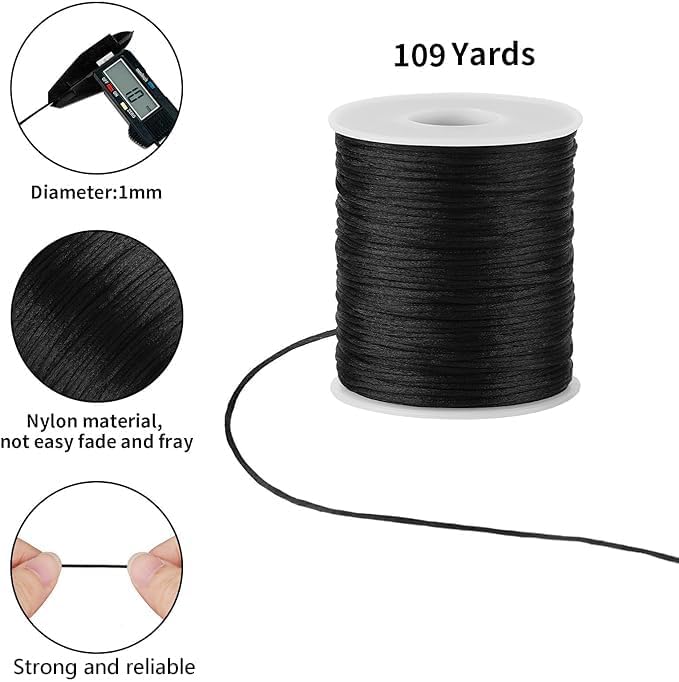 Black Nylon String Cord - 1MM 100 Yards Black Twine, Bracelet String for Bracelet Making, Braided Ornament Lanyard Thread, Jewelry Thread Clay Bead Cords for Crafts, Macrame Satin