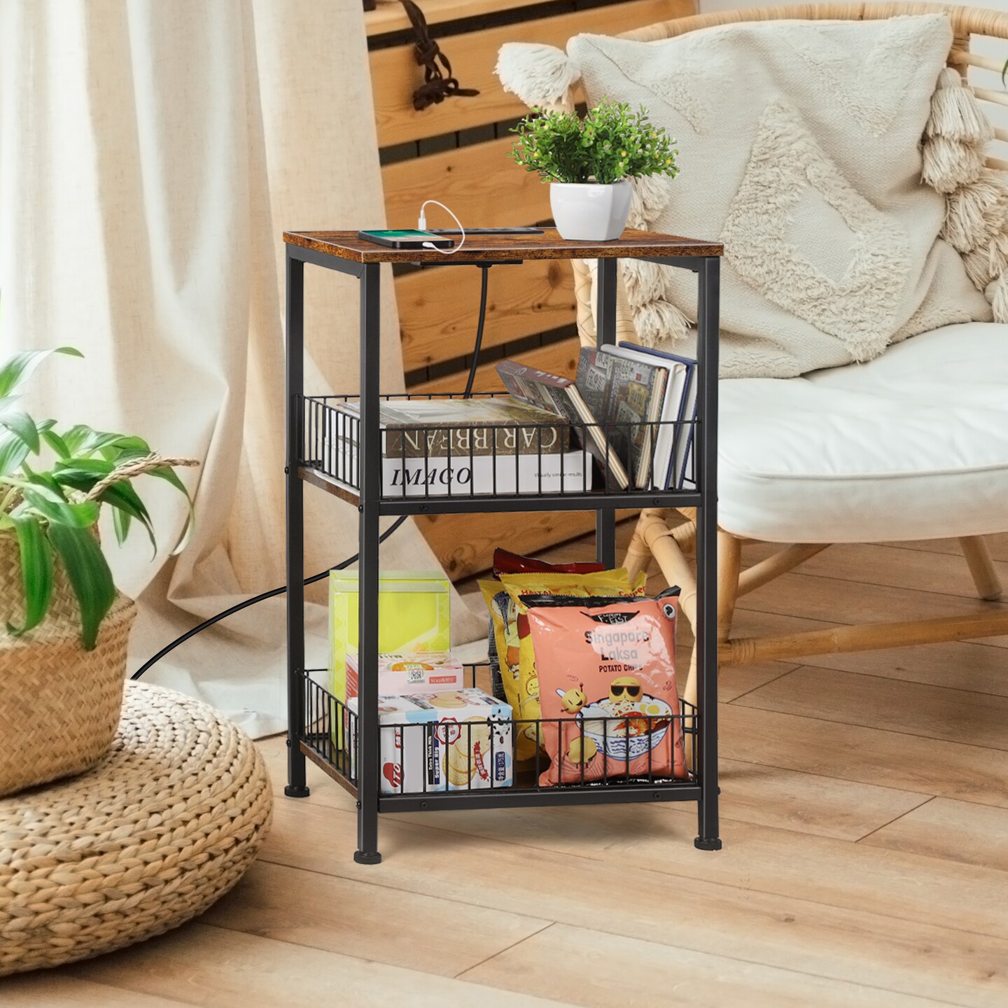 Industrial End Table with Storage Shelf & Charging Station Lockable Wheels, Sturdy Wood & Iron Mesh Nightstand for Bedroom, Living Room, or Office