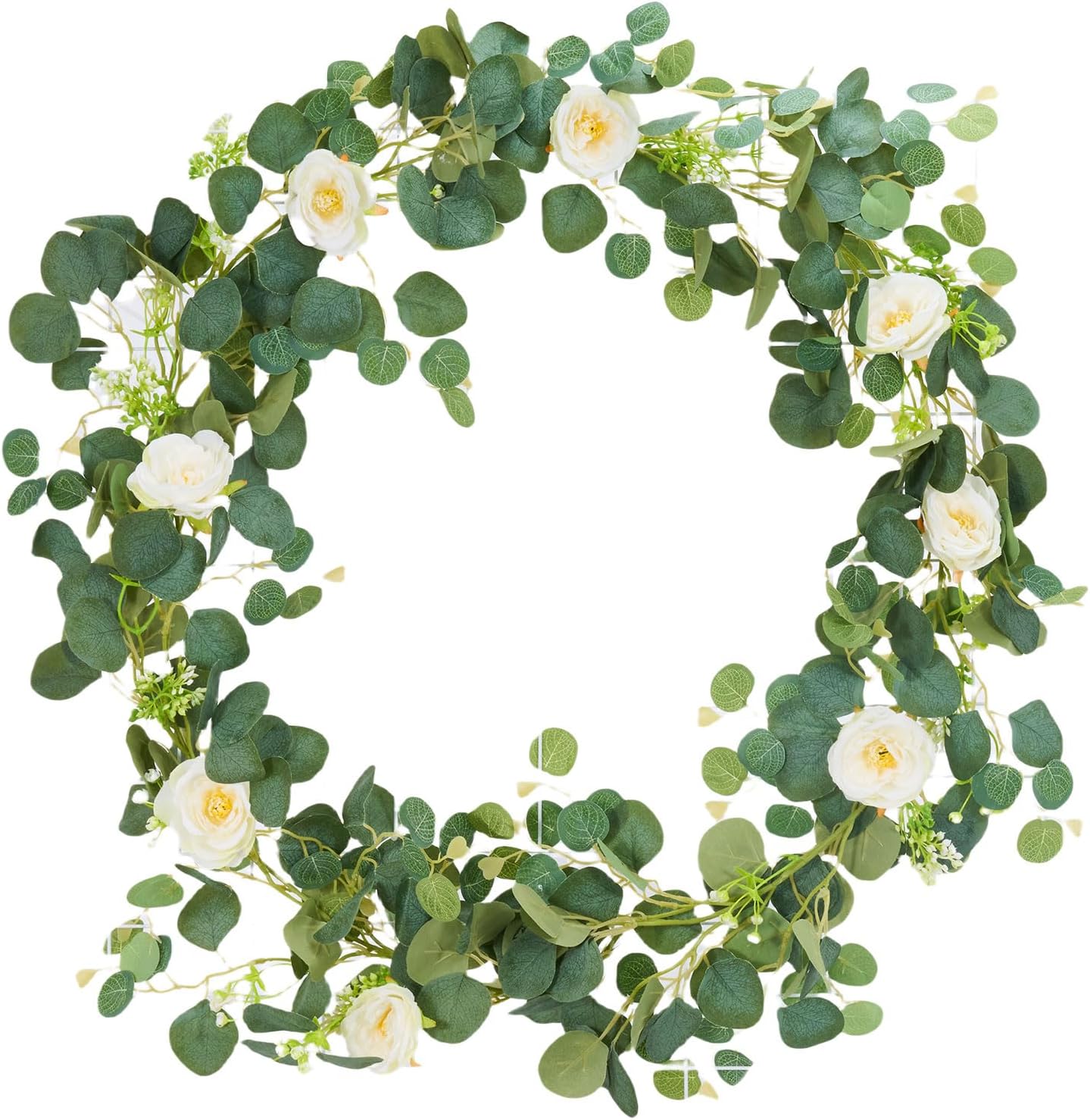 6.56ft Artificial Eucalyptus Garland with Lights, White Rose Flowers Faux Floral Garland Greenery Garland, Rose Vine Gypsophila Eucalyptus Leaves Garland for Home Party Wedding Table D&#xE9;cor