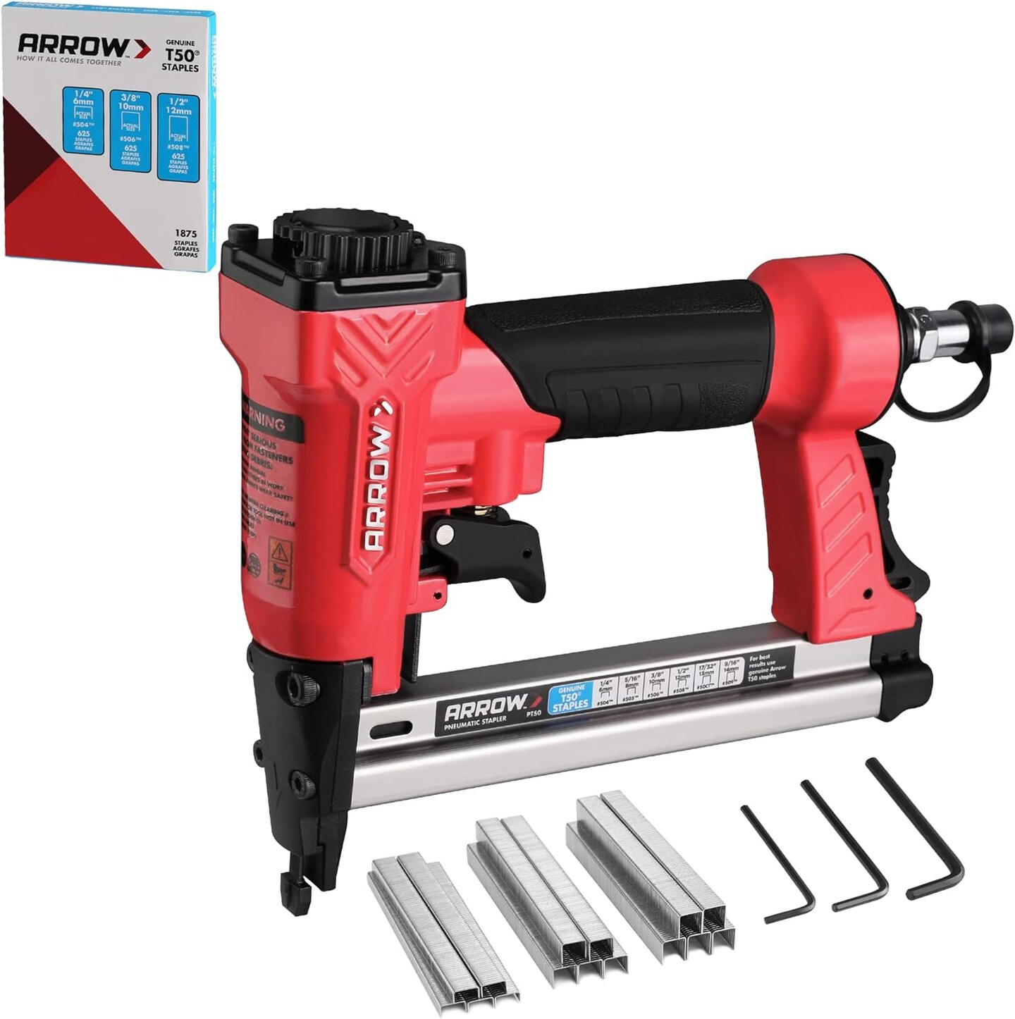 Staple Gun, Oil-Free Upholstery Stapler with 3750 Pieces T50 1/4", 3/8", 1/2" Staples, Adjustable Exhaust, for Woodworking, Professional and DIY Projects, PT50
