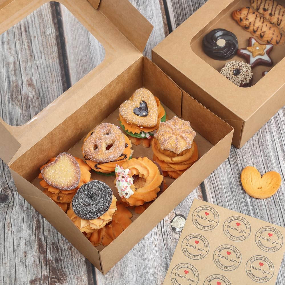24 Pcs Cookie Boxes with Window for Paper Gift Giving Brown Bakery Cupcake Boxes 9" x 6.3" x 3" for Packaging Easy Estate Holiday Pastry Dessert Boxes for Pastries,Cookies, Donuts.
