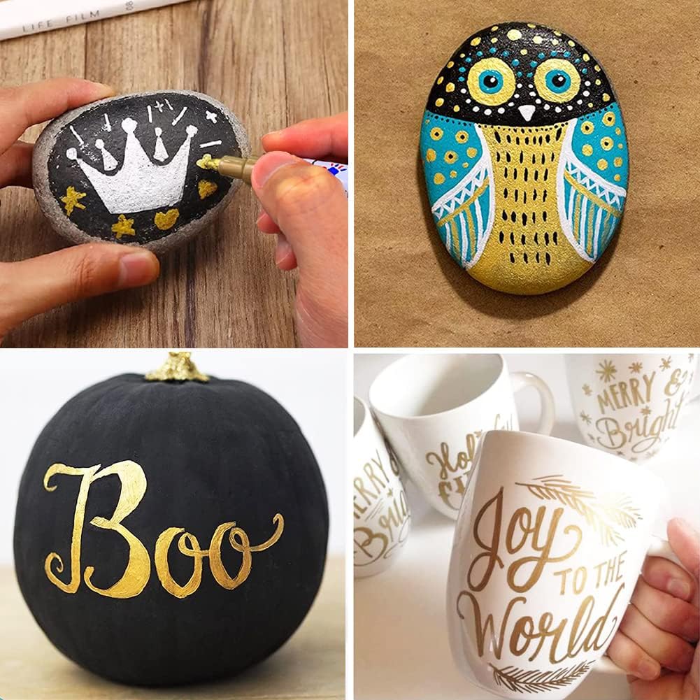 5 Pack Gold Paint Marker Pens – Oil-Based Permanent Metallic Paint Markers, Medium Tip – Waterproof Quick-Dry Pens for Rock Painting, Crafts, Ceramic, Glass, Wood, Metal & DIY Art Projects