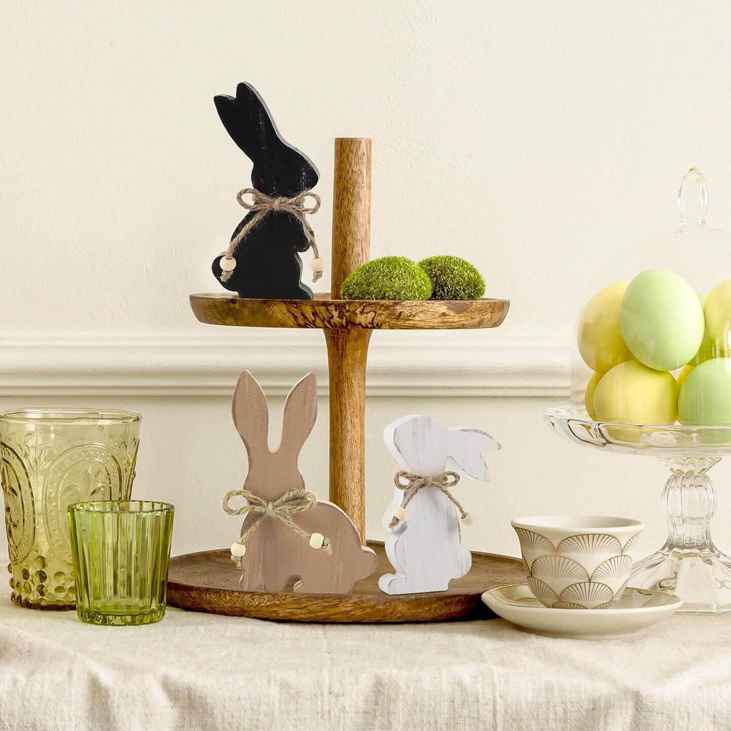 Easter Decorations for the Home, Rustic Farmhouse Wooden Bunny Blocks Tiered Tray Decor Set of 3, Vintage Wood Bunnies Sign for Table Top Office Party Shelf Decoration (Colorful)
