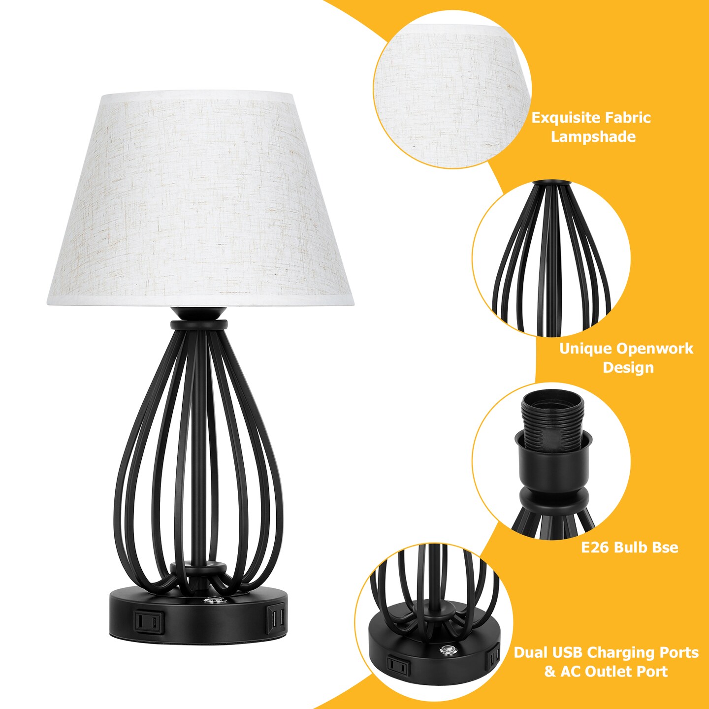 2pcs USB Touch Control Desk Lamp Set Bedside Table Lamps with AC Socket &#x26; Dual USB Ports, 3-Way Dimmable, Linen Shade Eye-Caring Nightstand Lighting