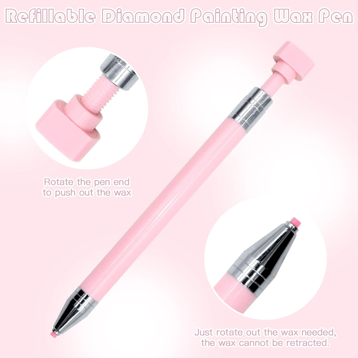 2 Pcs Diamond Painting Pens with Wax, Refillable Wax Pen, Rotating Glue Point Drill Pen for Nail Art Rhinestones, Diamond Art Accessories and Tools, Quickly Pick Up Beads Gems (Pink, White)