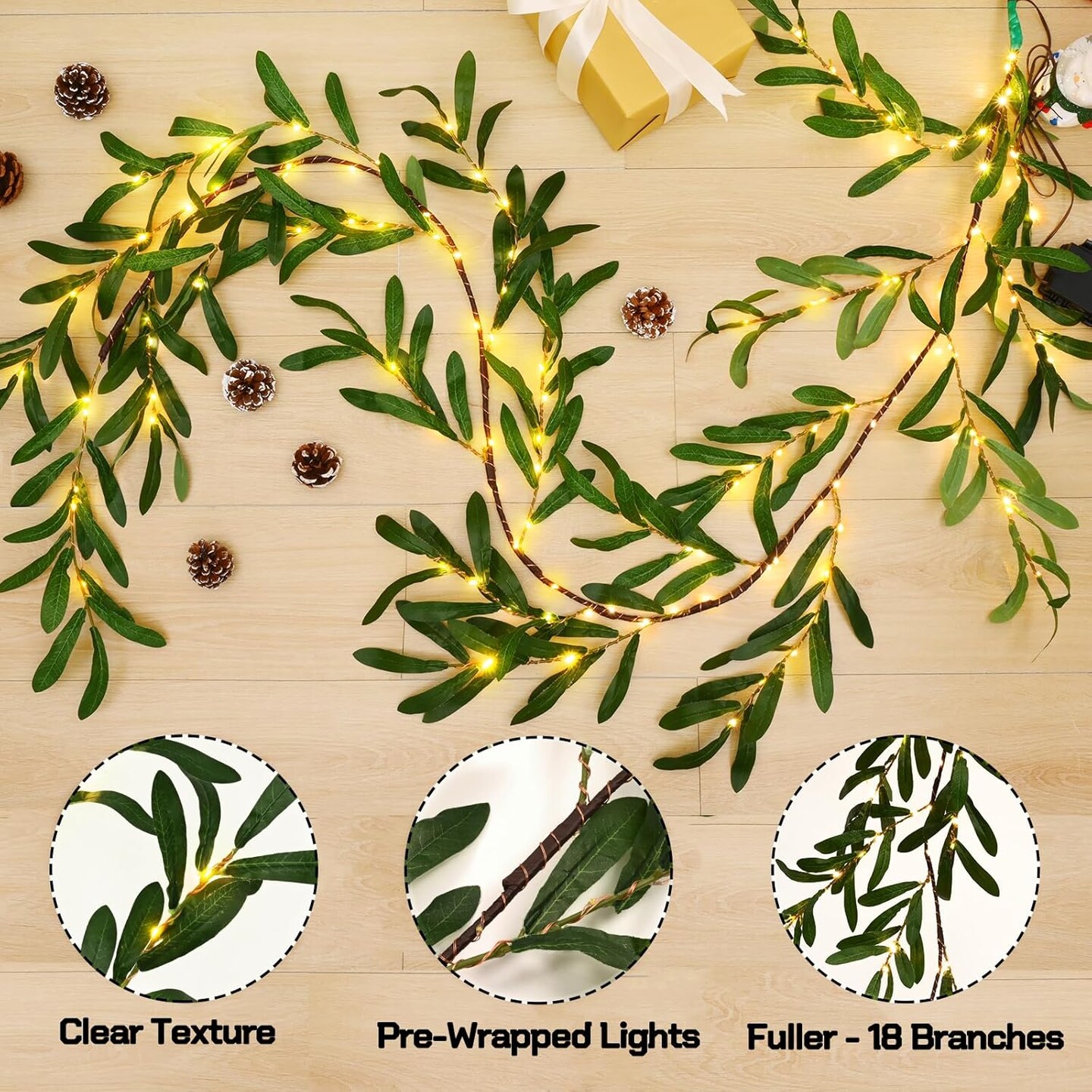 6 Ft Olive Garland with Lights, Pre-Lit Artificial Greenery Decor