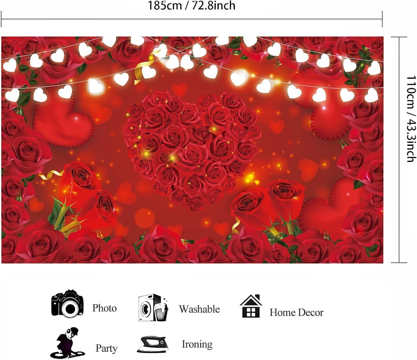 Red Rose Floral Heart Backdrop – 72.8×43.3in, Party & Photography Decoration