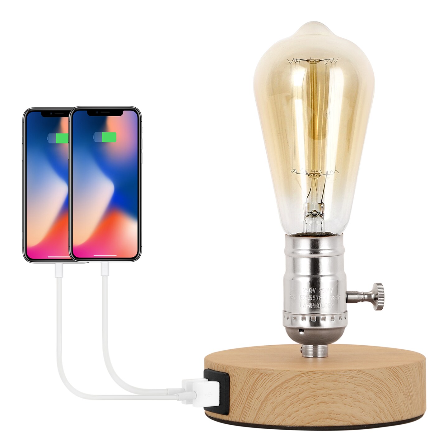 Small Industrial Table Lamp with 2 USB Ports & Wooden Base Vintage Desk Light for Bedroom, Dorm, Nightstand