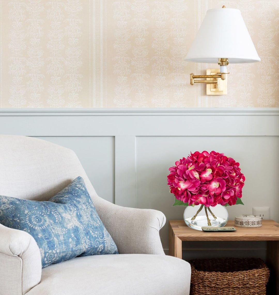 Hydrangea Artificial Flowers with Glass Vase Fuchsia Silk Faux Flowers Arrangements in Vase with Faux Water Fake Floral Bulk Bouquet for Home Decor Table Centerpiece Decorations