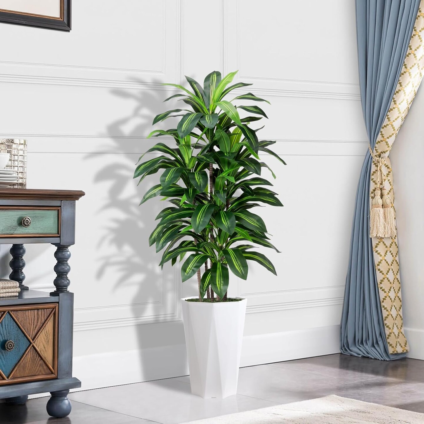 5ft Artificial Dracaena Plant – Faux Yucca with White Diamond Planter for Home & Office Decor