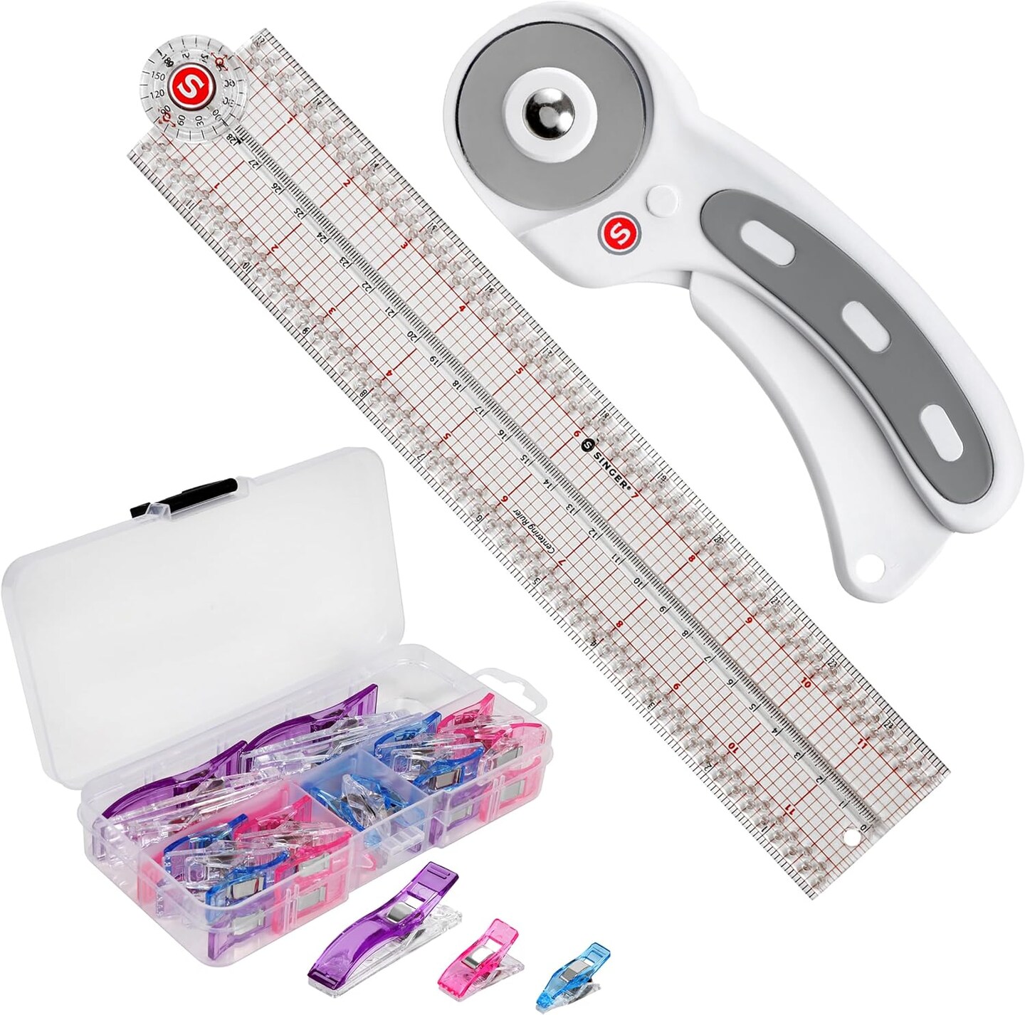 Quilting Tool Kit with 24-Count Fabric Clips, 24-Inch Folding Ruler, and 45mm Rotary Cutter - Quilting Supplies for Patternmaking, Sewing, Fabric Work