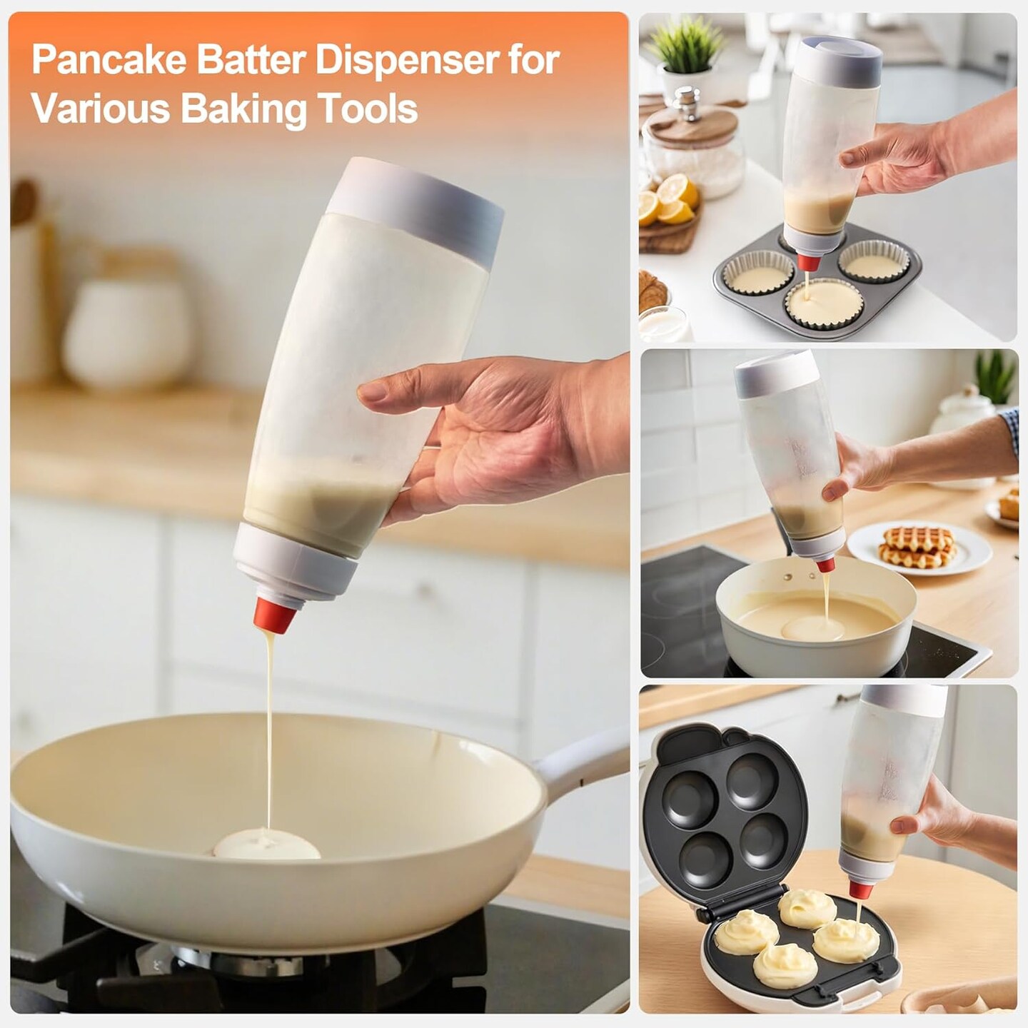 2 Packs of Pancake Batter Dispenser with Blender Balls, Equipped with Silicone Spatula Pancake Mixer Bottle, Kitchen Batter Squeezer Bottle Suitable for Cupcakes, Pancakes, and Muffins