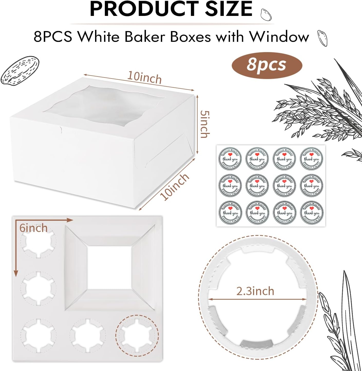 8-Pack 1+5 Cupcake & Cake Boxes – Clear Window, Insert & Stickers