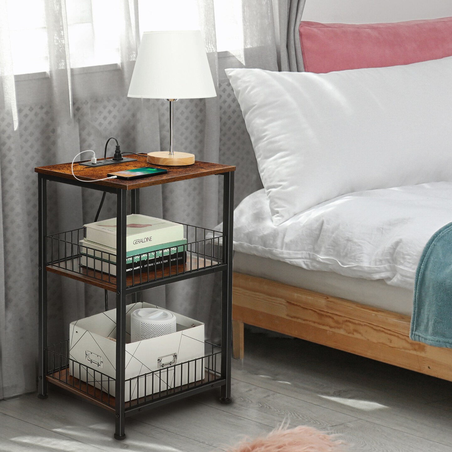 Industrial End Table with Storage Shelf & Charging Station Lockable Wheels, Sturdy Wood & Iron Mesh Nightstand for Bedroom, Living Room, or Office