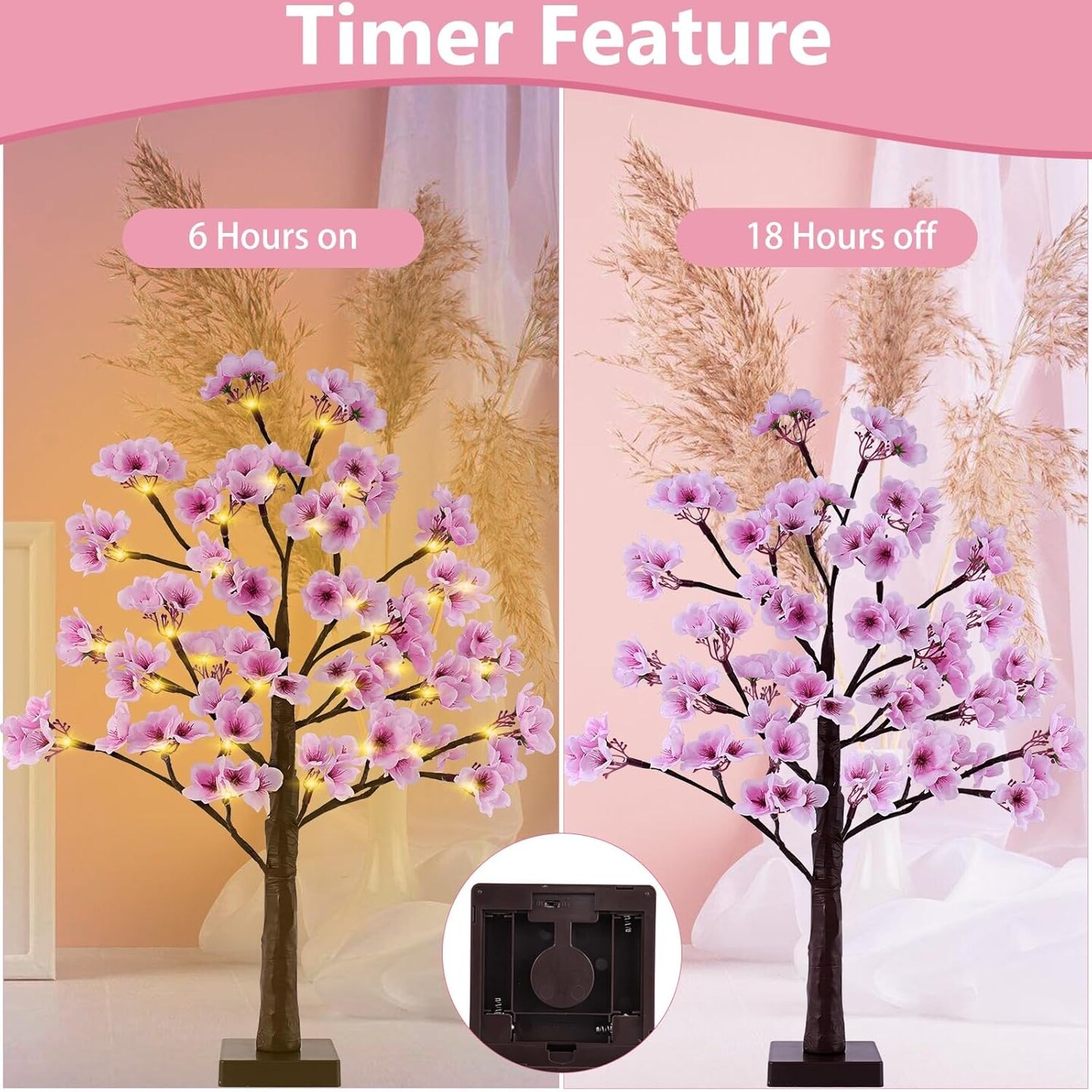 24 Inch Lighted Cherry Blossom Tree Battery Operated 2FT 28 Warm White LED Artifical Bonsai Tree with 84 Lush Flowers, Timer USB Plug for Wedding Party Spring Christmas Home Decoration
