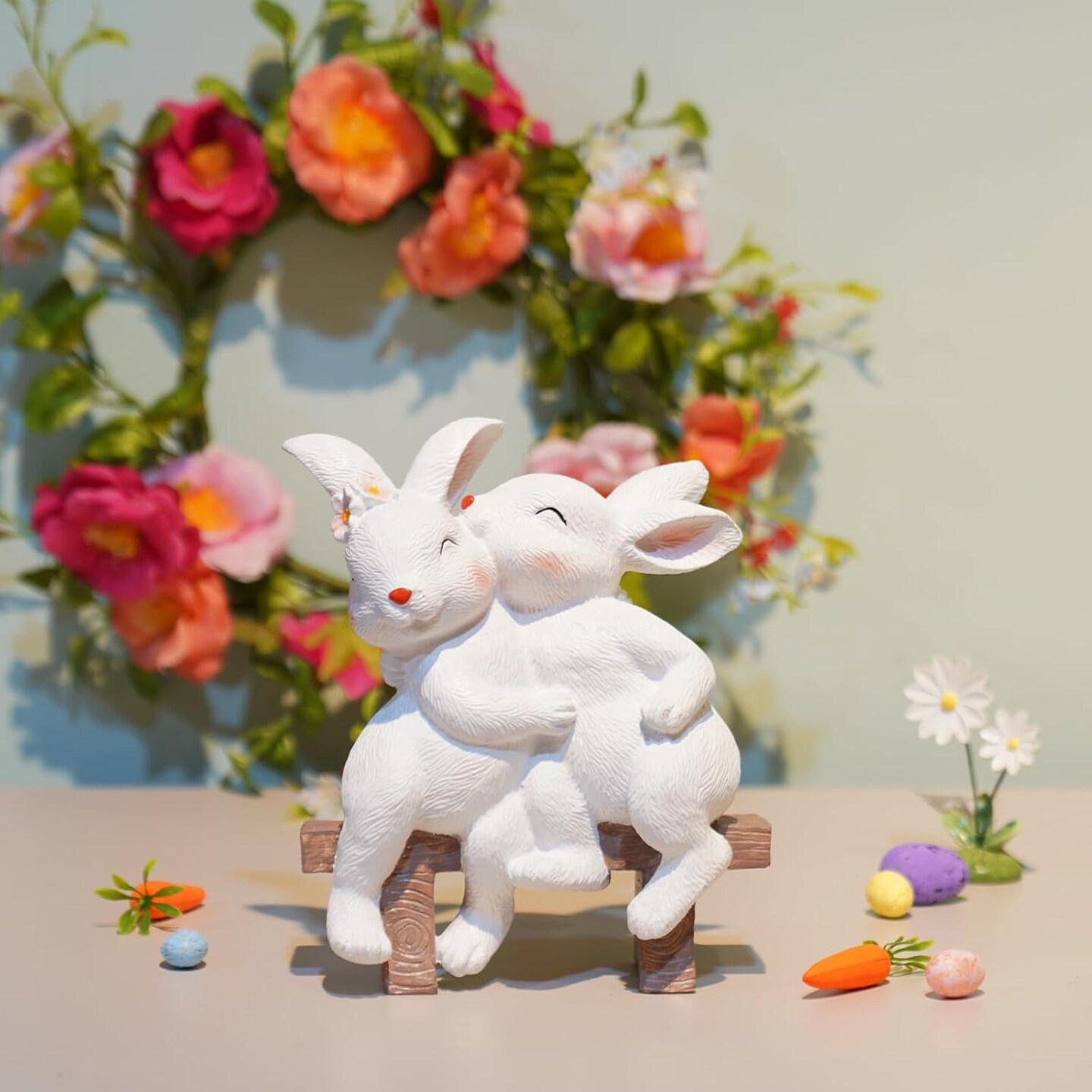 Easter Rabbit Decor Outdoor Garden Decor - Easter Décor Garden Sculptures Statues Rabbit Bunny Figurines Home Décor Resin Bunny Couple Sitting on Bench Garden Sculptures 6.75*3.25*8 inch LC Lcdecohome