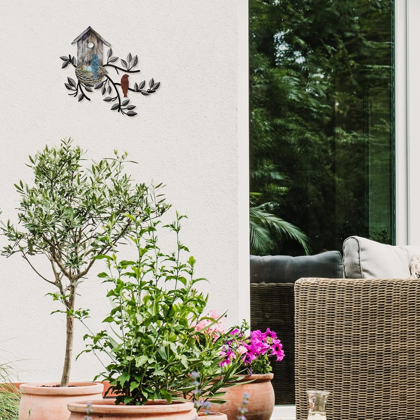 Birds Metal Wall Art – Tree with Birdhouse, Indoor & Outdoor Garden Decor (Brown)