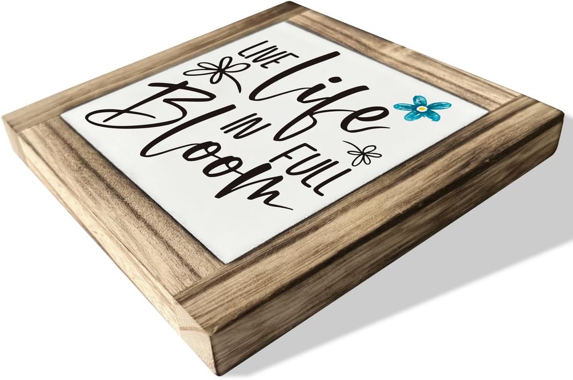 Spring Wood Sign, Box Wood Plaques Desk D&#xE9;cor, Tabletop Shelf Decoration, Inspirational Spring Quotes, Spring Summer Decor Art, Farmhouse Wood Sign, Rustic Home Decor, Live Life in Full Bloom