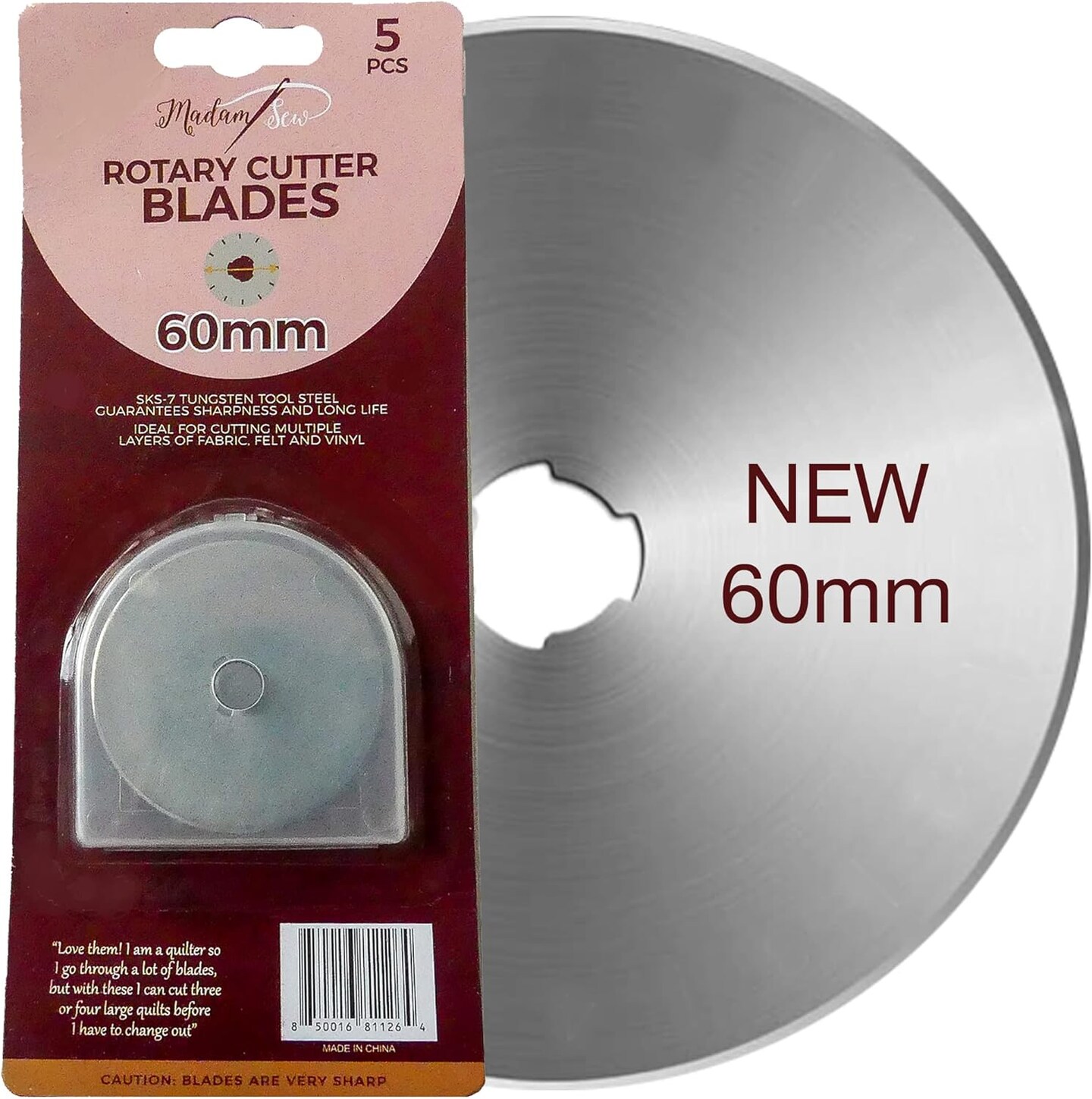 60mm Rotary Cutter Replacement Blades, 5 Tungsten Steel Blades | Cuts Thick Layers of Fabric, Felt, Leather and Vinyl &#x2013; Compatible with Fiskars, Olfa, Clover and Other Brands