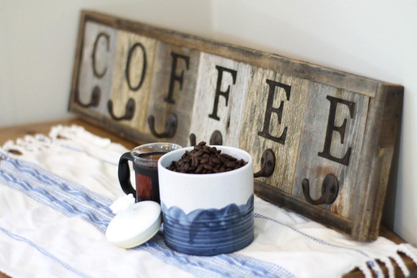 Barnwood Coffee Mug Rack Wall Mounted, Hanging Cup Holder, Decorative Display Storage for the Kitchen Bar, Wooden Organizer 31.5" X 7.25" 448844699699200000