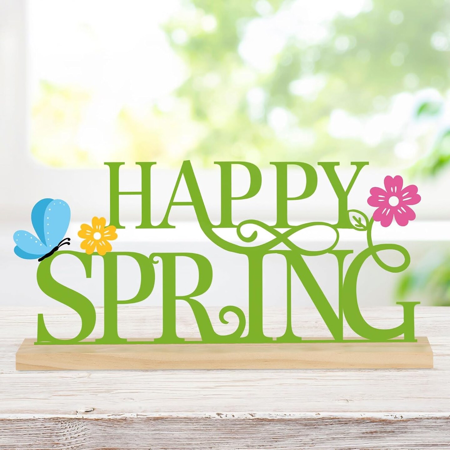 Metal Happy Spring Sign, Spring Decorations for Home, Office, Shelf, Mantel, Indoor, Spring Flower Decor, Spring Butterfly Table Top Party Decoration (Spring)