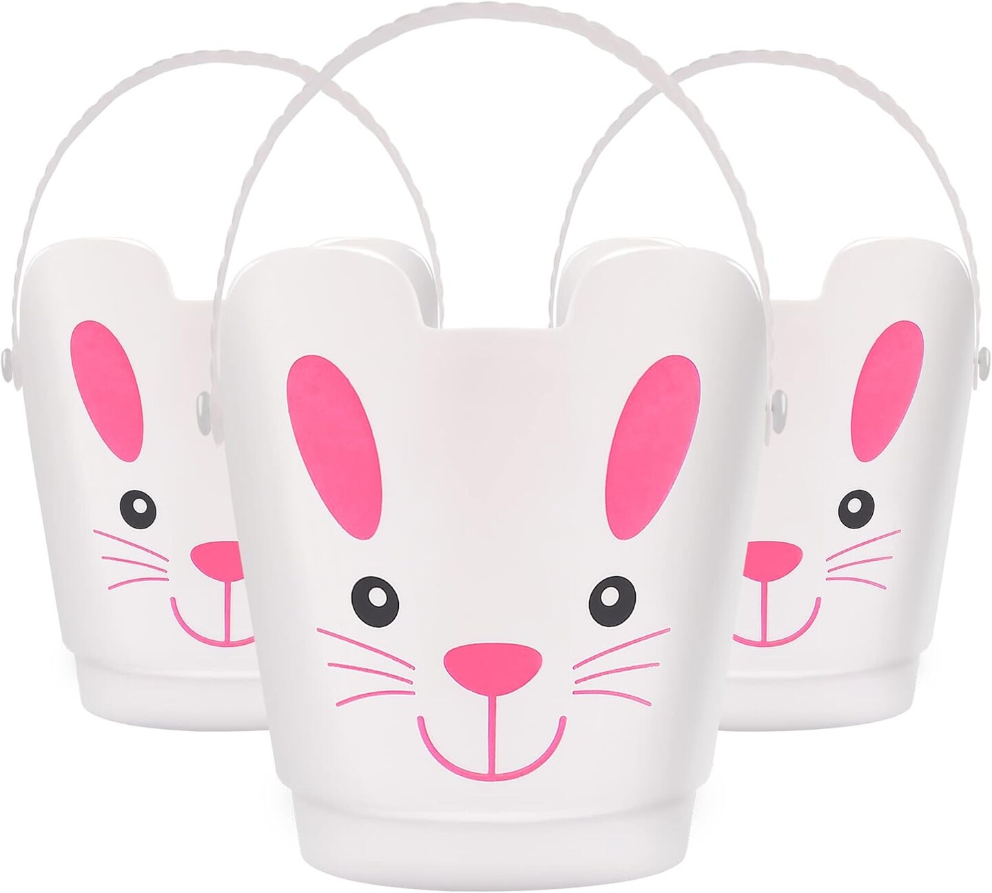 Easter Buckets, Set of 3 Plastic Easter Bunny Baskets with Handles, Empty Plastic Easter Pails for Kids Easter Egg Hunt Party Favors