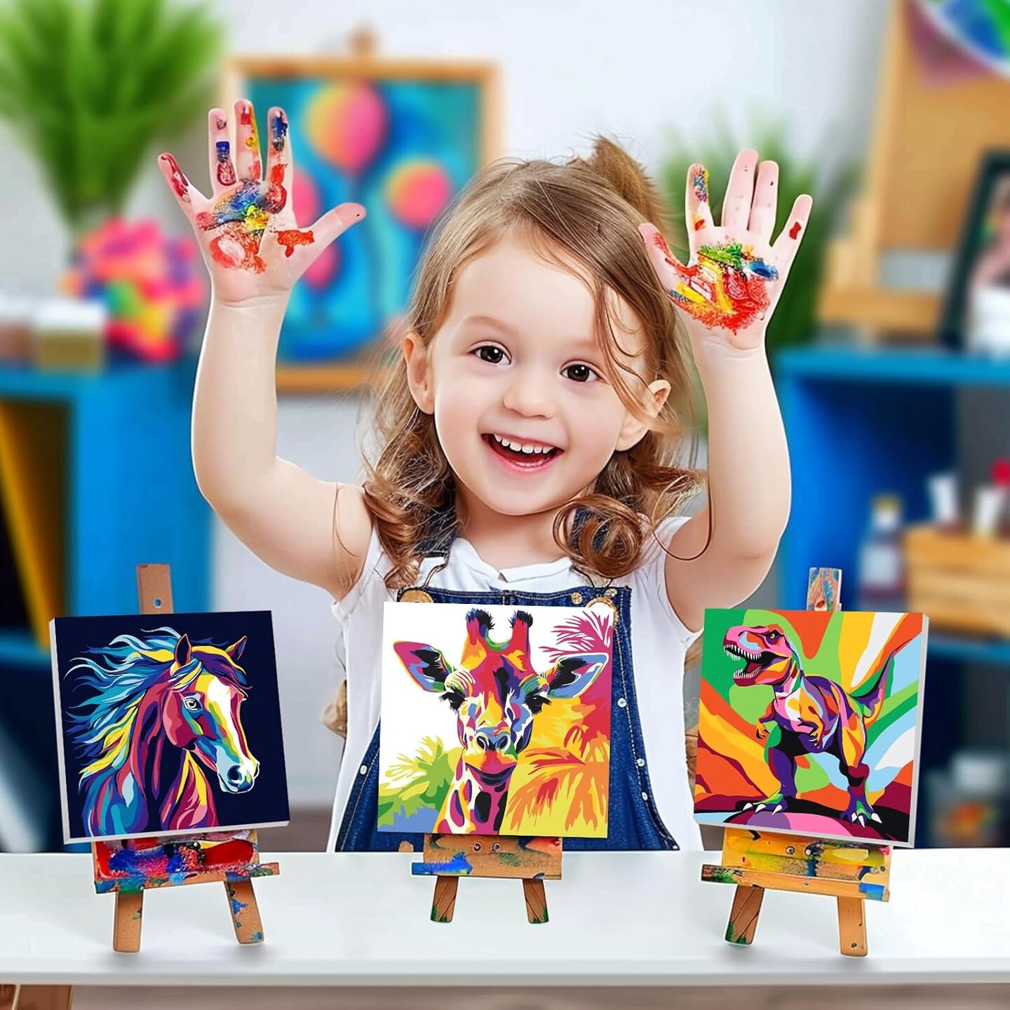 4 Pack Paint by Numbers Kit for Kids, Horse Color By Number Painting Kits for Kids Ages 8-12 Dinosaur Paint by Numbers with Framed Canvas Children DIY Paints by Number Kits for Beginners 8x8 Inch