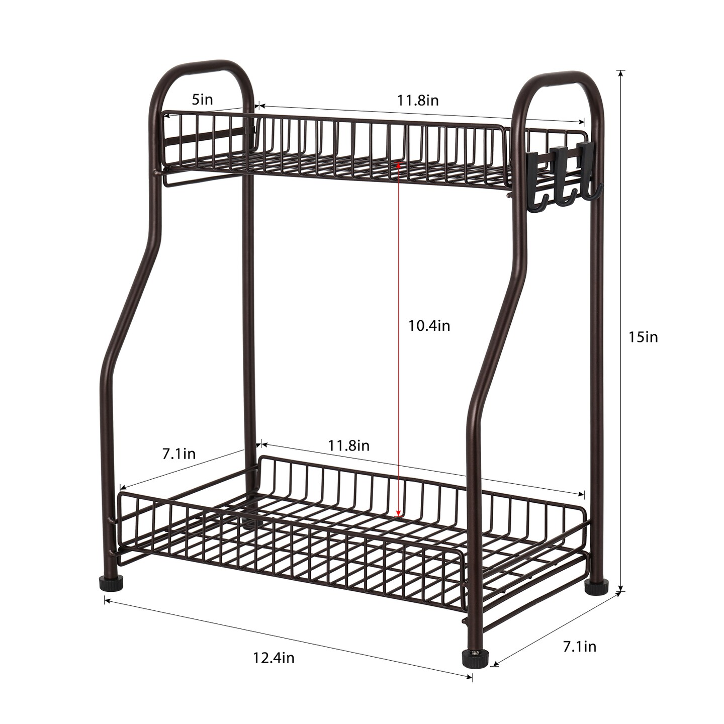 2-Tier Kitchen Spice Rack Metal Bathroom Organizer for Countertop with 3 Hooks