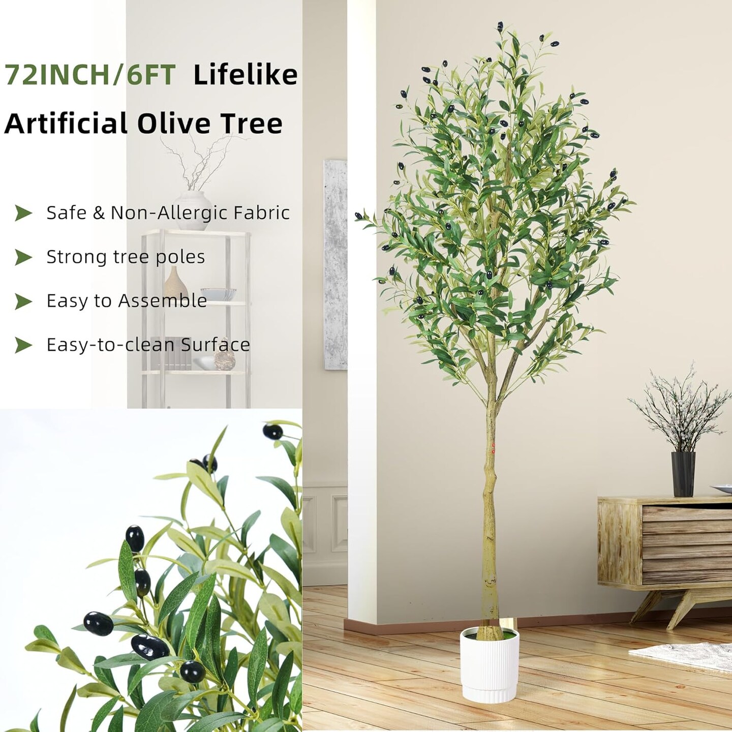 6ft Olive Tree, Olive Plant Artificial Indoor with 1296 Dense Leaves &#x26; 72 High-Simulated Olive Fruits- Easy Assembly, Low Maintenance (Thick Olive Tree, 6ft)