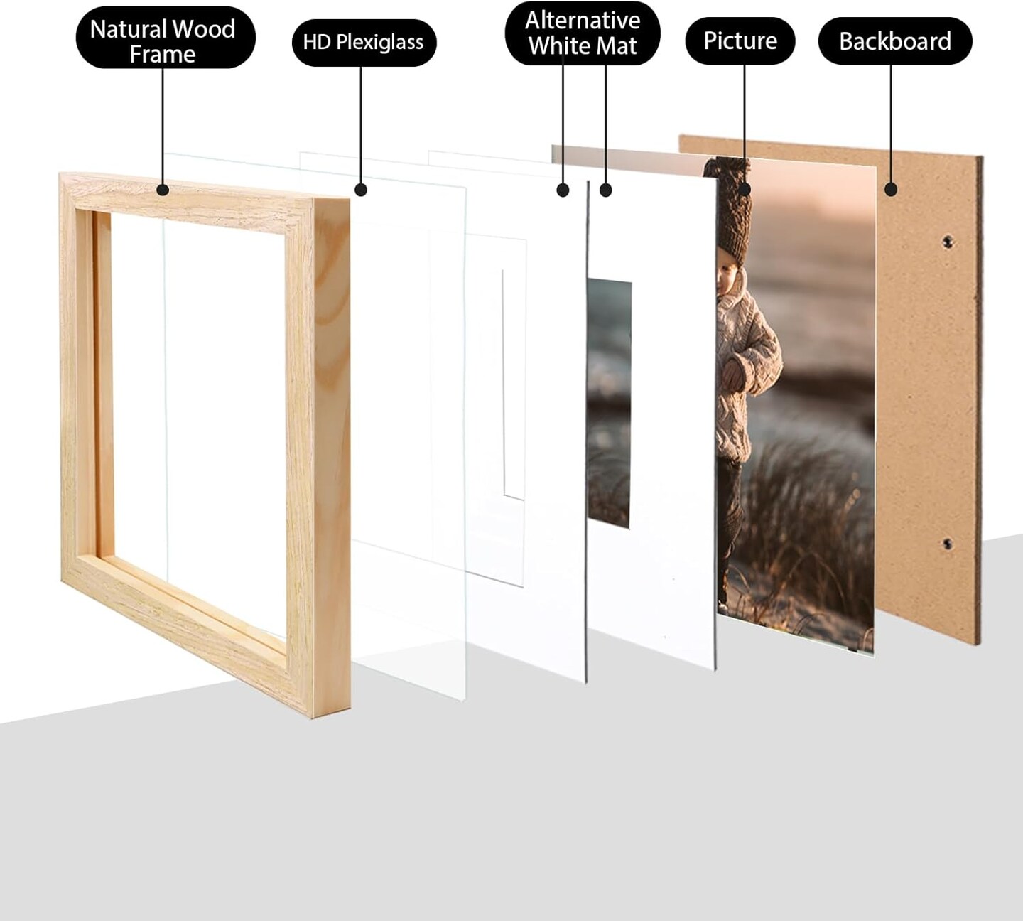 8x8 Picture Frame, Natural Square Solid Wood Frames for Pictures 4x4 and 6x6 with Mat or 8x8 without Mat, Wall and Tabletop Display Photo Frames Natural Wood 4 Pack