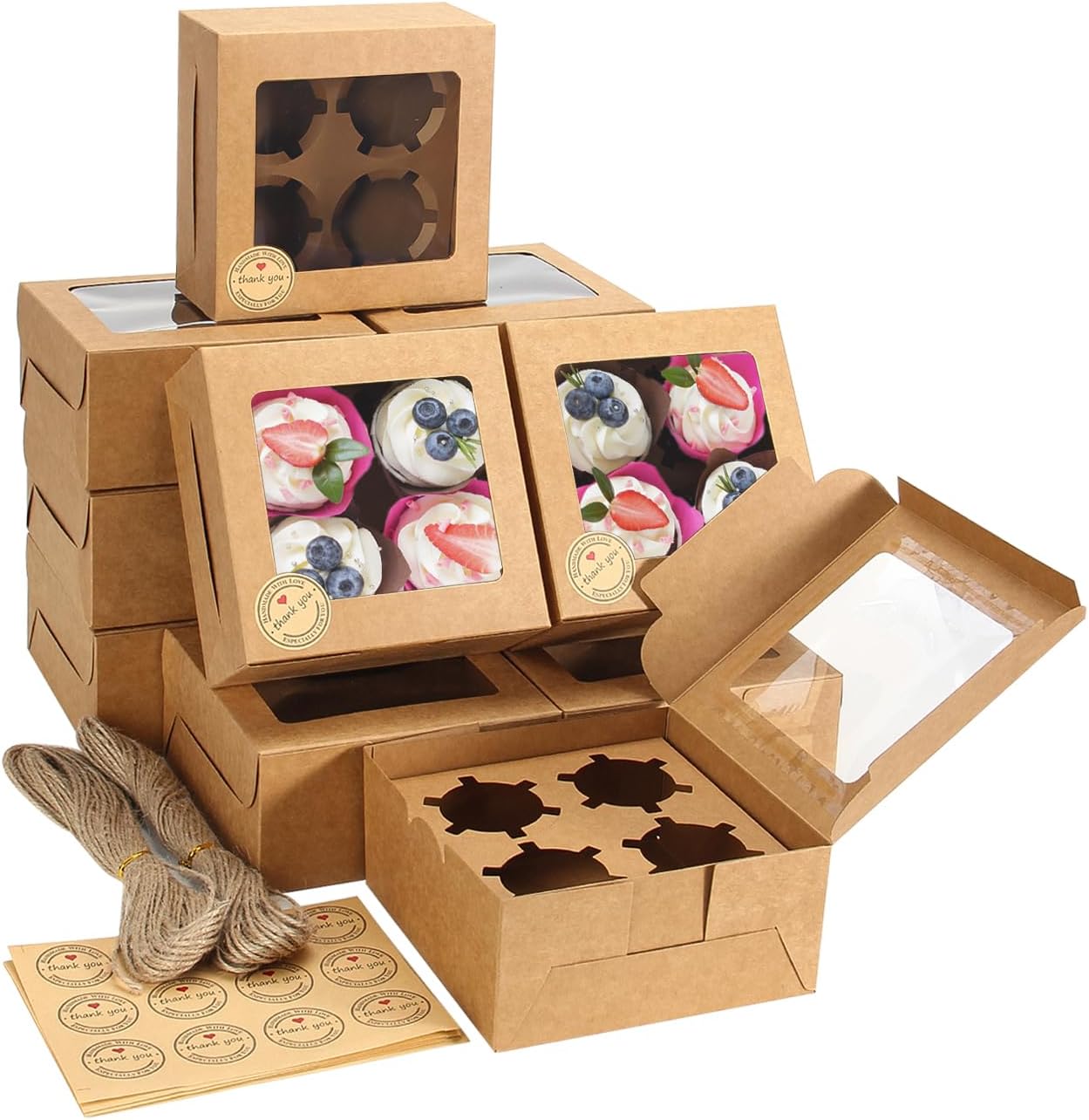 50-Pc 4-Cupcake Boxes with Window – 6x6x3in, Bakery & Dessert Treats