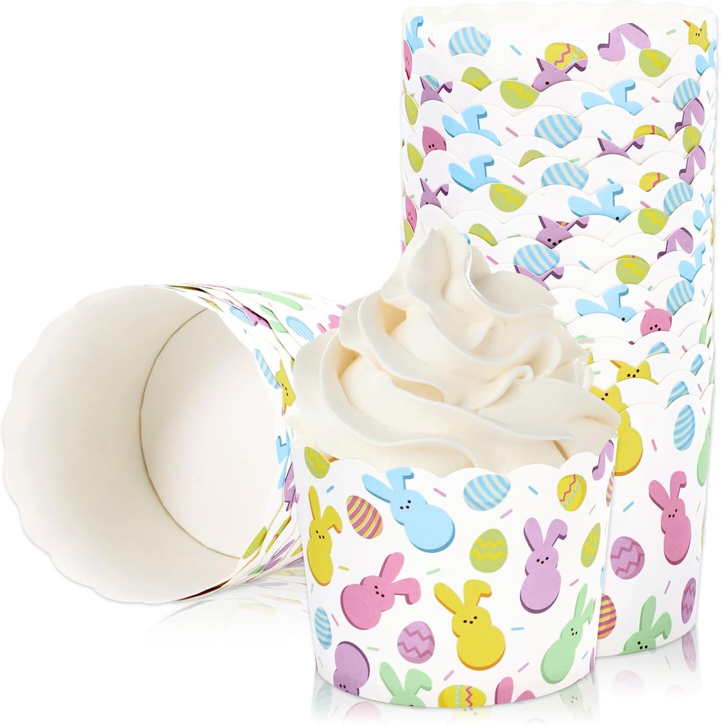 100Pcs Easter Paper Baking Cups Easter Egg Bunny Cupcake Wrappers Scalloped Edge Cupcake Muffin Cases for Easter Spring Birthday Party